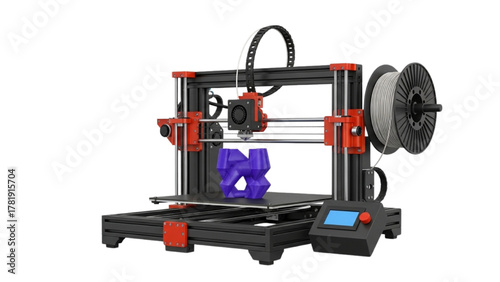 Desktop 3D printer fabricating an intricate purple model using modern additive manufacturing technology