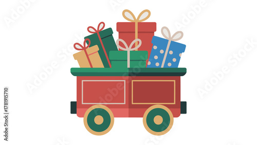 Holiday Train Delivery: a charming festive scene, a colorful train car brimming with beautifully wrapped gift boxes, evoking the spirit of giving and seasonal cheer.