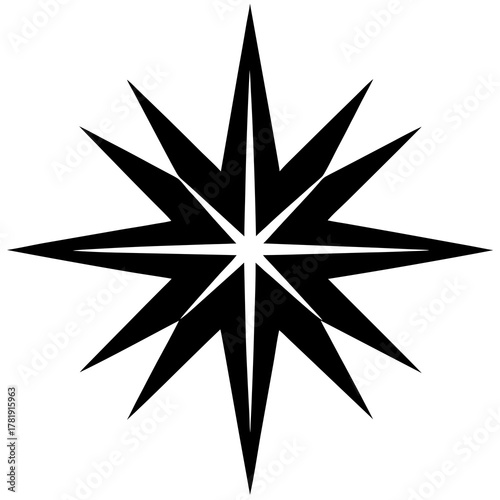 Black abstract starburst or compass rose symbol on white background