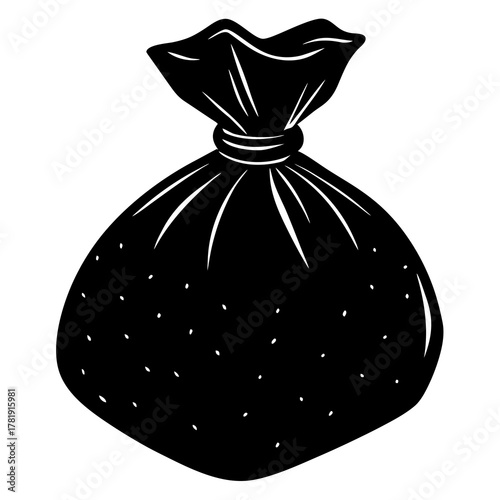 Black silhouette of a tied garbage bag with white speckles