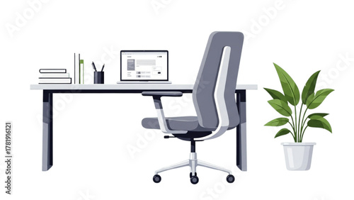 Modern office workplace interior with an ergonomic chair, desk, laptop, and plant