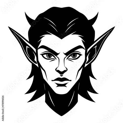 Stylized black and white portrait of a fierce elf with horns