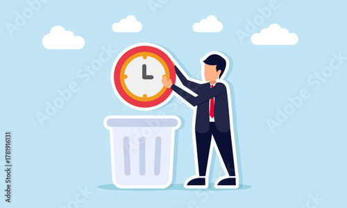 Businessman throwing a clock into a trash bin illustrating wasted time and failed business project
