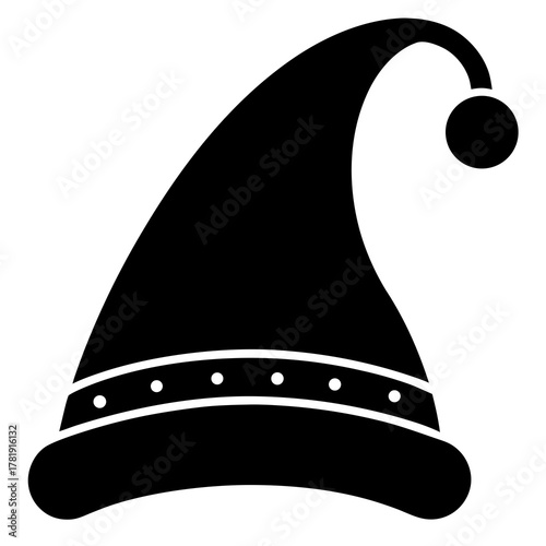 Black silhouette of a jester hat with a pom pom and decorative band
