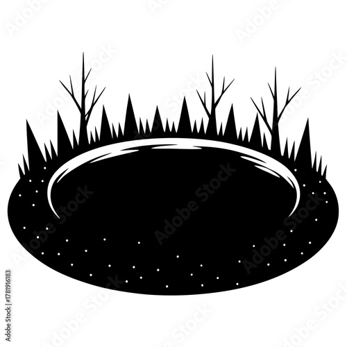 Black silhouette of a barren landscape with a central oval shape