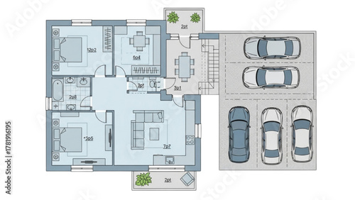 Floor plan design with a garage and multiple bedrooms, top-down view