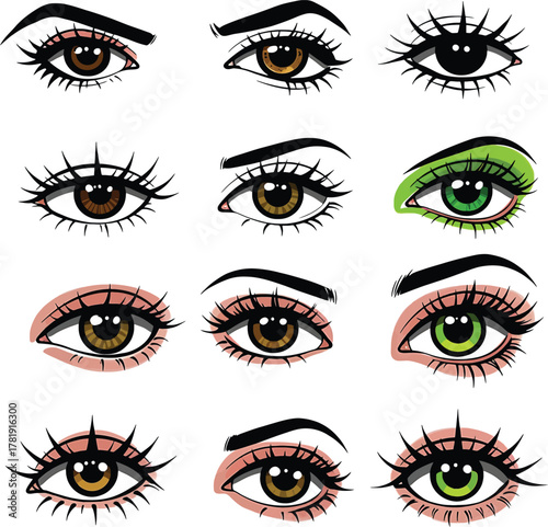 Collection of diverse cartoon eyes with long eyelashes and colorful eyeshadow on white background makeup