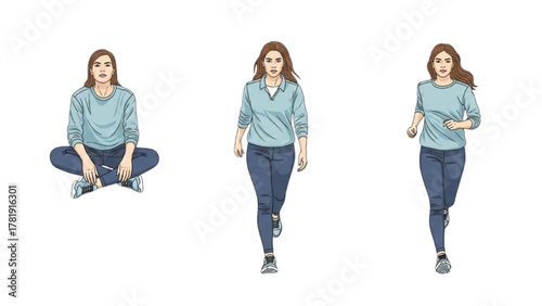 Dynamic Poses of a Young Woman Meditating, Walking, and Running for Health and Fitness Progression