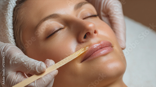 Woman receiving upper lip wax treatment with gloved hands applying wax stick