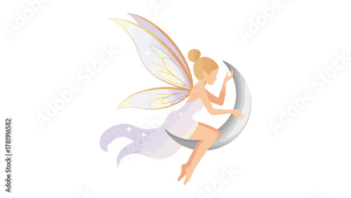 Enchanting Celestial Dreamer: A whimsical fairy with delicate wings and flowing gown, serenely seated upon a crescent moon, evokes a sense of magic and wonder. 