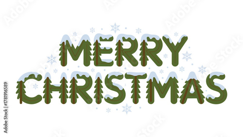 Festive Merry Christmas Illustration: A cheerful holiday greeting, beautifully crafted with snowy, evergreen letters, creating a warm, inviting atmosphere for the Christmas season.