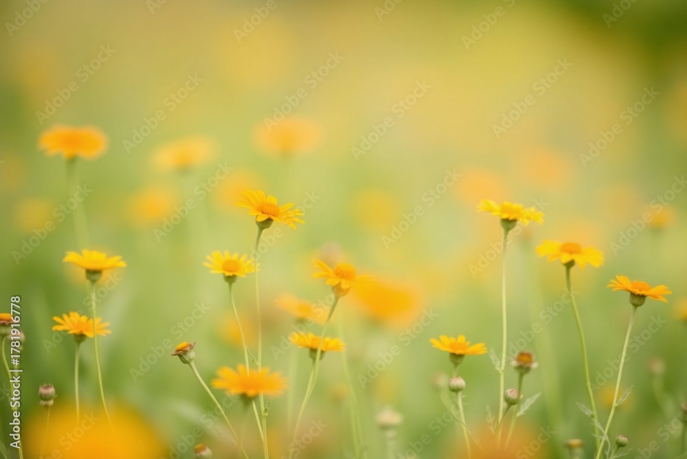 Fototapeta premium Soft Focus Field of Orange and Yellow Wildflowers, Minimalist Blurred Texture