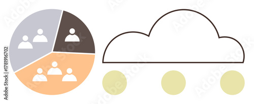 Pie chart with user icons in segments alongside a cloud outline and three dots. Ideal for teamwork, data sharing, digital storage, online collaboration, cloud computing, tech networking, simple flat