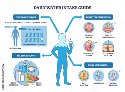 Daily hydration intake guide explaining targets, benefits, and when to drink more, human silhouette, glass of water, and arrows summarize sources and math, transparent background.