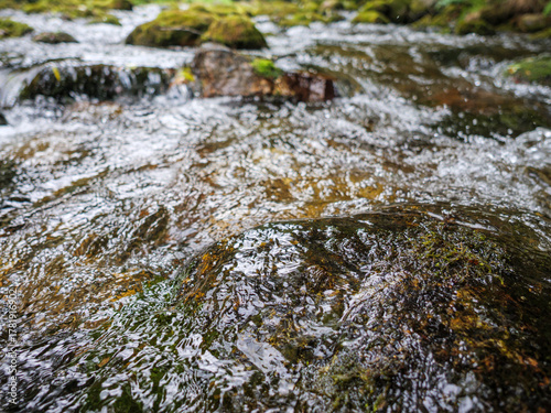Dynamic water texture of a mountain stream conveying freshness and purity.