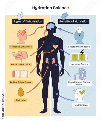 Hydration balance visualizes how water affects body systems, human silhouette highlights brain and kidneys, contrasting dehydration signs and hydration benefits, transparent background.