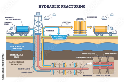 Hydraulic fracturing diagram shows shale gas extraction via horizontal well, proppant flow, and surface storage, key objects, drilling rig, wellhead, gas tanks, transparent background.