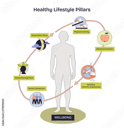 Healthy lifestyle pillars depict wellbeing exercise, nutrition, sleep, stress control, social ties, substance avoidance, main, human silhouette, shoe, apple, transparent background.