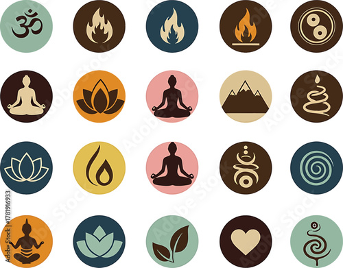 Collection of yoga meditation and spiritual symbols in circular icons lotus fire