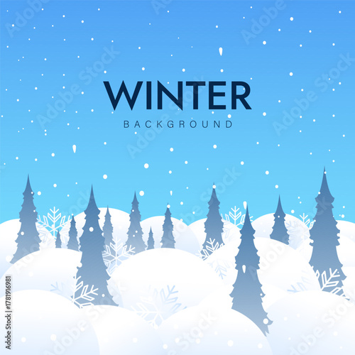 Snowy winter landscape background design. Snow in the forest winter season. Trees, pine, sun loungers and falling snow vector illustration. Christmas background.