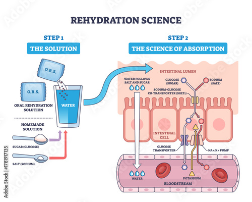 Rehydration science explains how ORS water with sugar and sodium is absorbed through intestinal cells into the bloodstream, key objects, ORS packet, water glass, intestinal lumen.