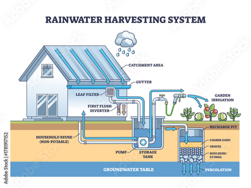Rainwater harvesting system diagram shows roof catchment, storage tank, and recharge pit directing water to irrigation and household reuse, transparent background.