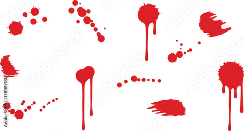 Red splatter art consisting of various drops and splatters on a white background