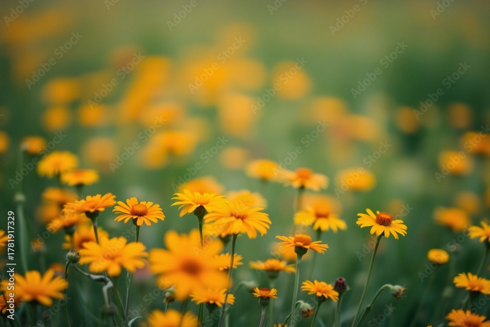 Fototapeta premium Soft Focus Field of Orange and Yellow Wildflowers, Minimalist Blurred Texture