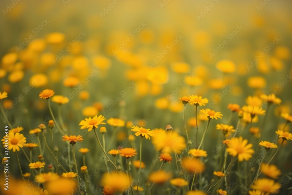 Fototapeta premium Soft Focus Field of Orange and Yellow Wildflowers, Minimalist Blurred Texture