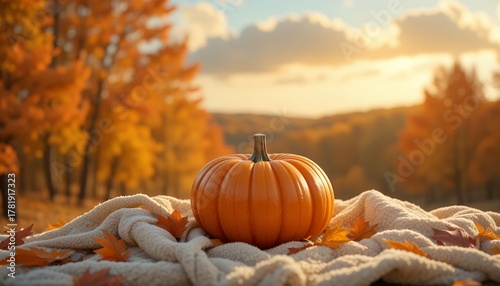 A single vibrant orange pumpkin resting on cozy fabric surrounded by beautiful autumn foliage in