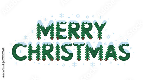 Festive Wishes: Merry Christmas Text Art: A heartwarming seasonal greeting, crafted with snowy, pine-tree-shaped letters, perfect for holiday-themed materials.