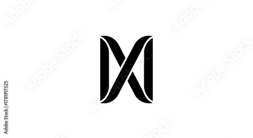 A minimalist black abstract logo featuring intertwined symmetrical shapes resembling an 'M' or 'X' on a clean white background.