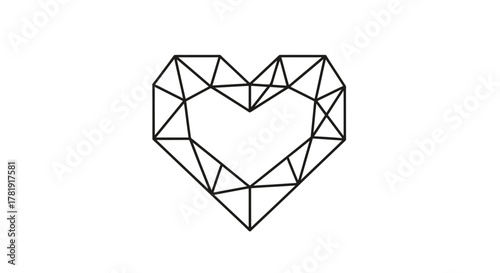 Geometric heart shape outline with faceted polygonal lines on a white background.