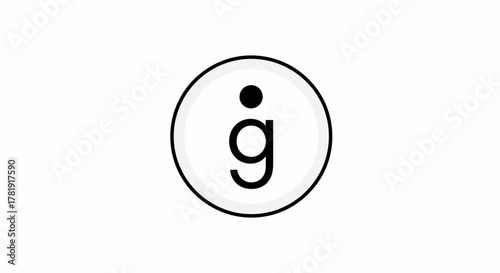 A minimalist graphic design featuring a lowercase 'g' with a dot above it, enclosed in a black circle on a white background.