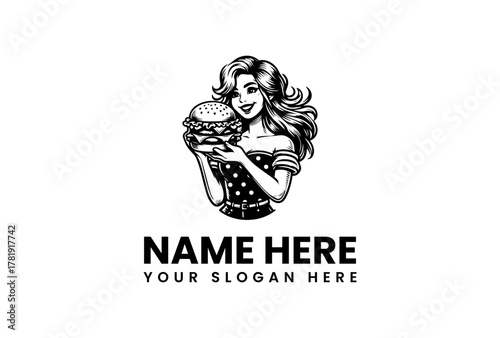 Retro Burger Girl Holding a Delicious Hamburger - Logo Design for Fast Food Restaurants