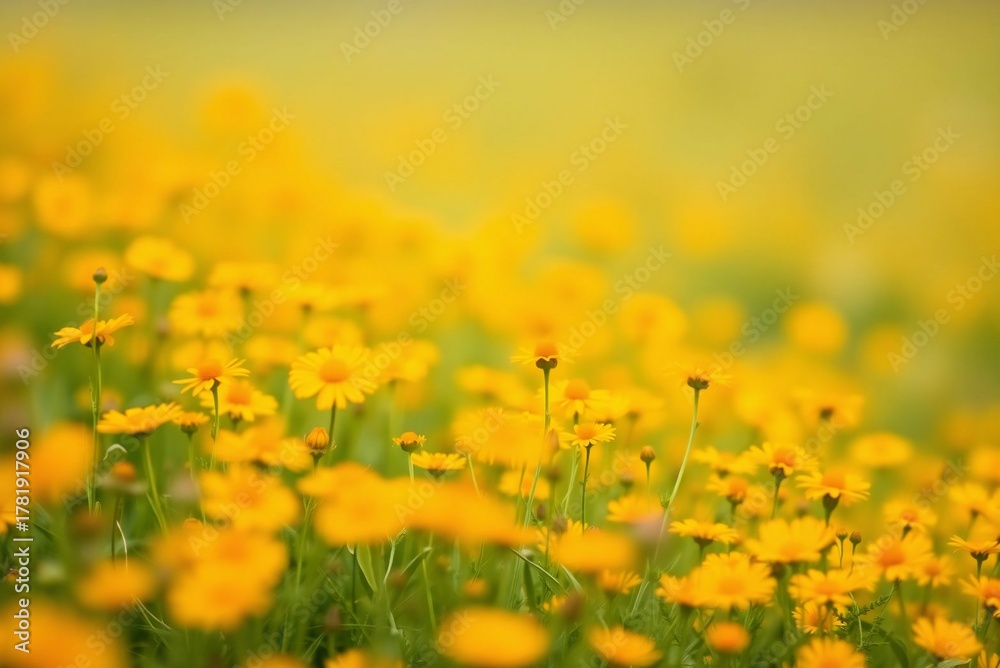 Fototapeta premium Soft Focus Field of Orange and Yellow Wildflowers, Minimalist Blurred Texture