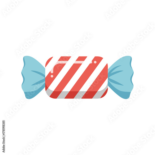 A single piece of rectangular candy wrapped in a blue and red striped wrapper on a white background.
