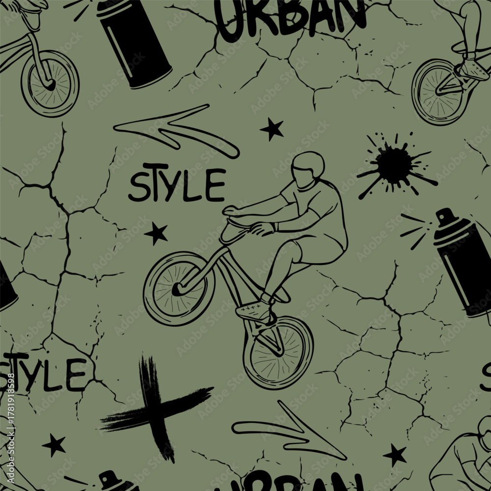 Fototapeta premium BMX Rider Line Art Seamless Repeat on Grunge Cracked Background. Black on Dusty Olive Green Urban Streetwear Pattern for Textile and Wallpaper.