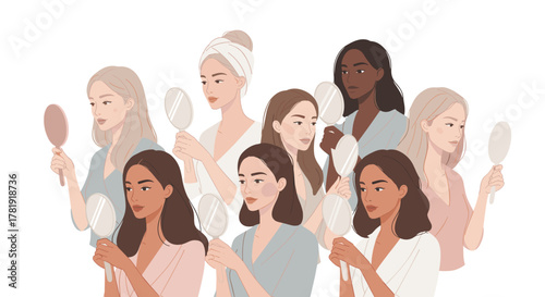 Diverse women looking at reflections in hand mirrors, white background