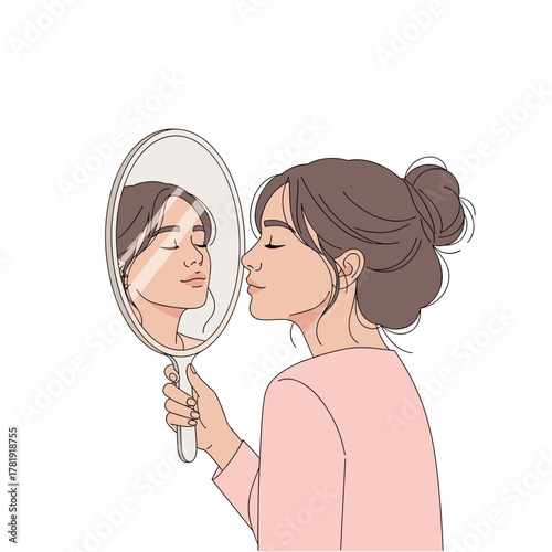 Woman kissing reflection in mirror with self-love expression, white background