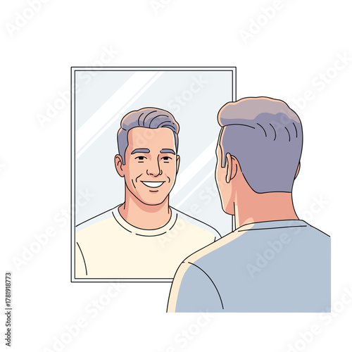 Smiling man looking at his reflection in mirror, white background
