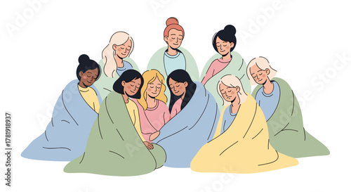 Group of diverse women sitting together wrapped in blankets, white background
