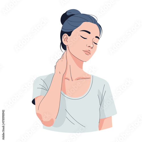 Woman massaging her neck with pained expression, white background