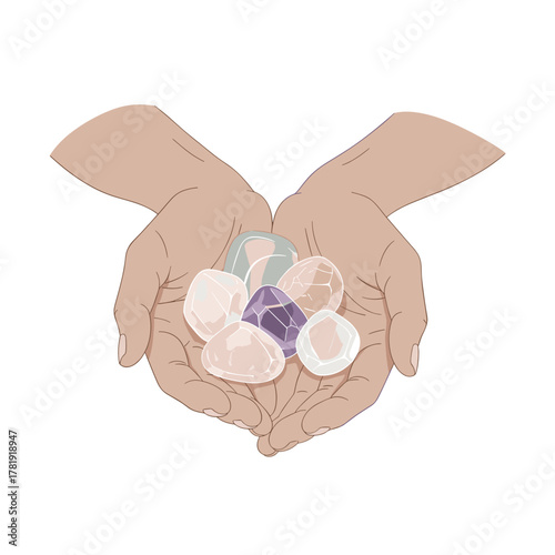 Woman holding healing crystals in cupped hands, white background