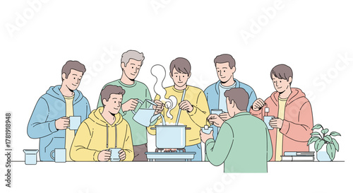 Group of men preparing hot drinks together around boiling kettle, white background