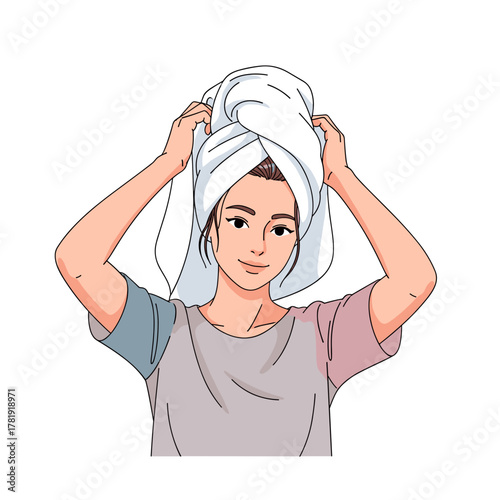 Smiling woman drying hair with towel wrap, white background