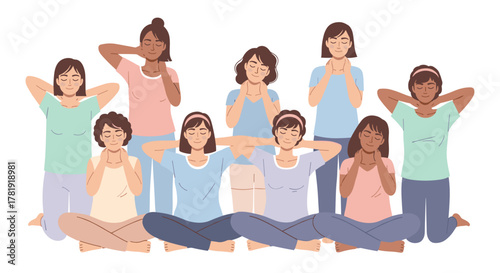 Group of diverse women massaging necks in seated poses, white background