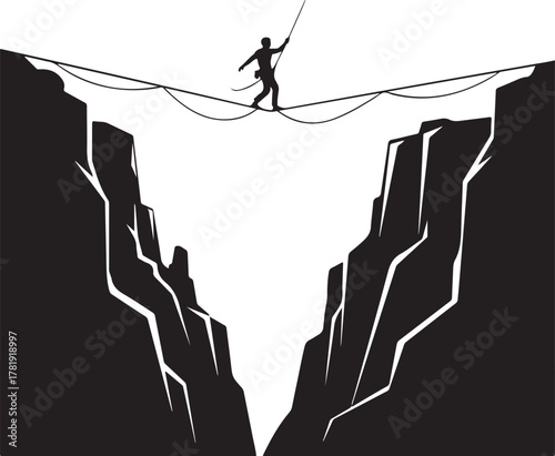 Silhouette of tightrope walker high above canyon symbolizing challenge and risk