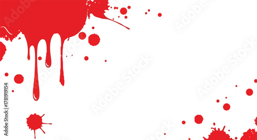Red splatter graphic drips spots and splatters against a stark white background
