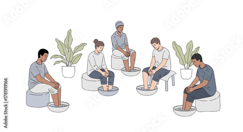 Group of diverse people soaking feet in spa bowls, white background